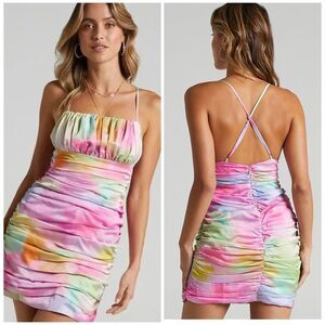 Showpo Esila Dress in Pastel Rainbow Marble Print Satin Ruched Mini Size 6 NEW